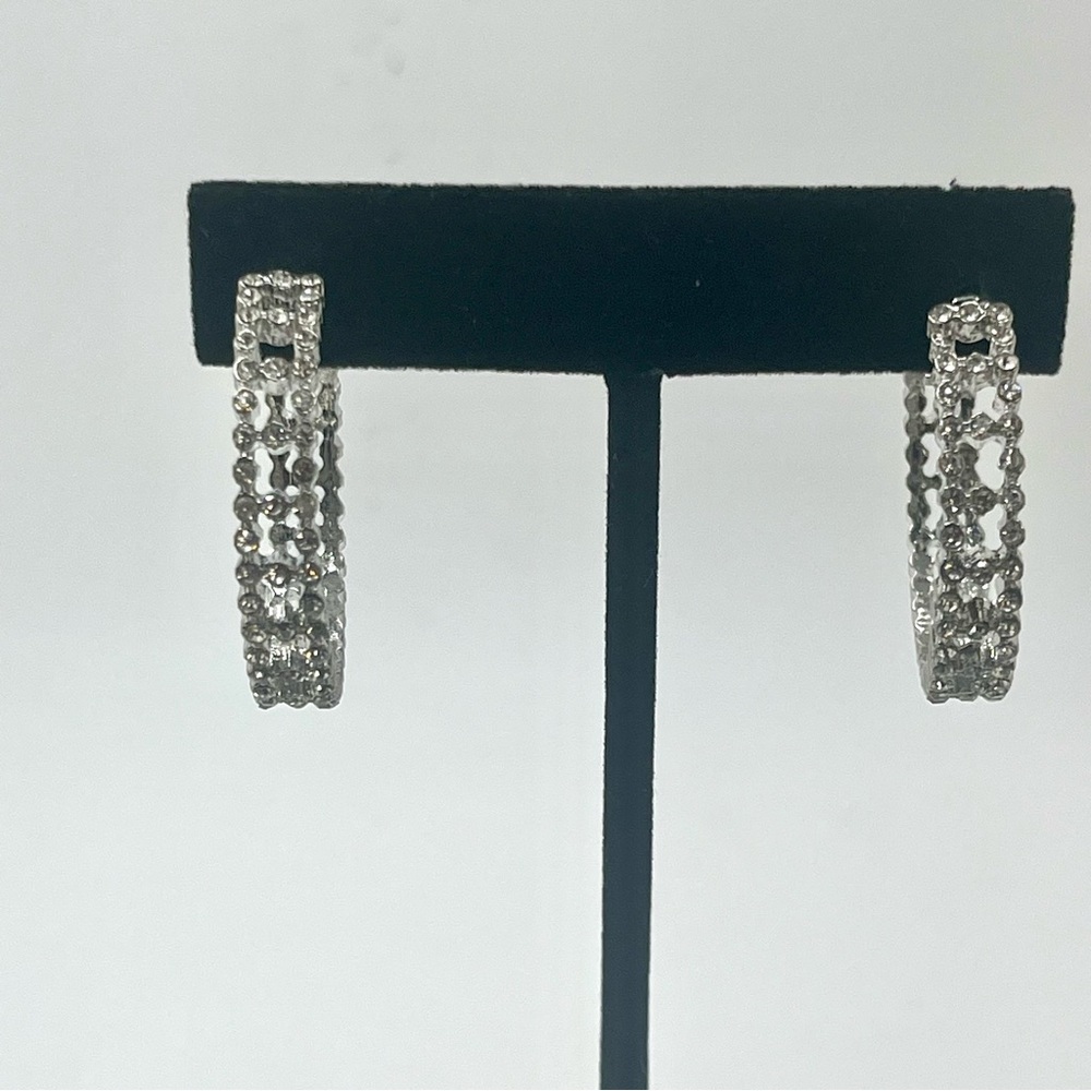 Silver Tone Rhinestone Hoop Earrings - Picture 4 of 8